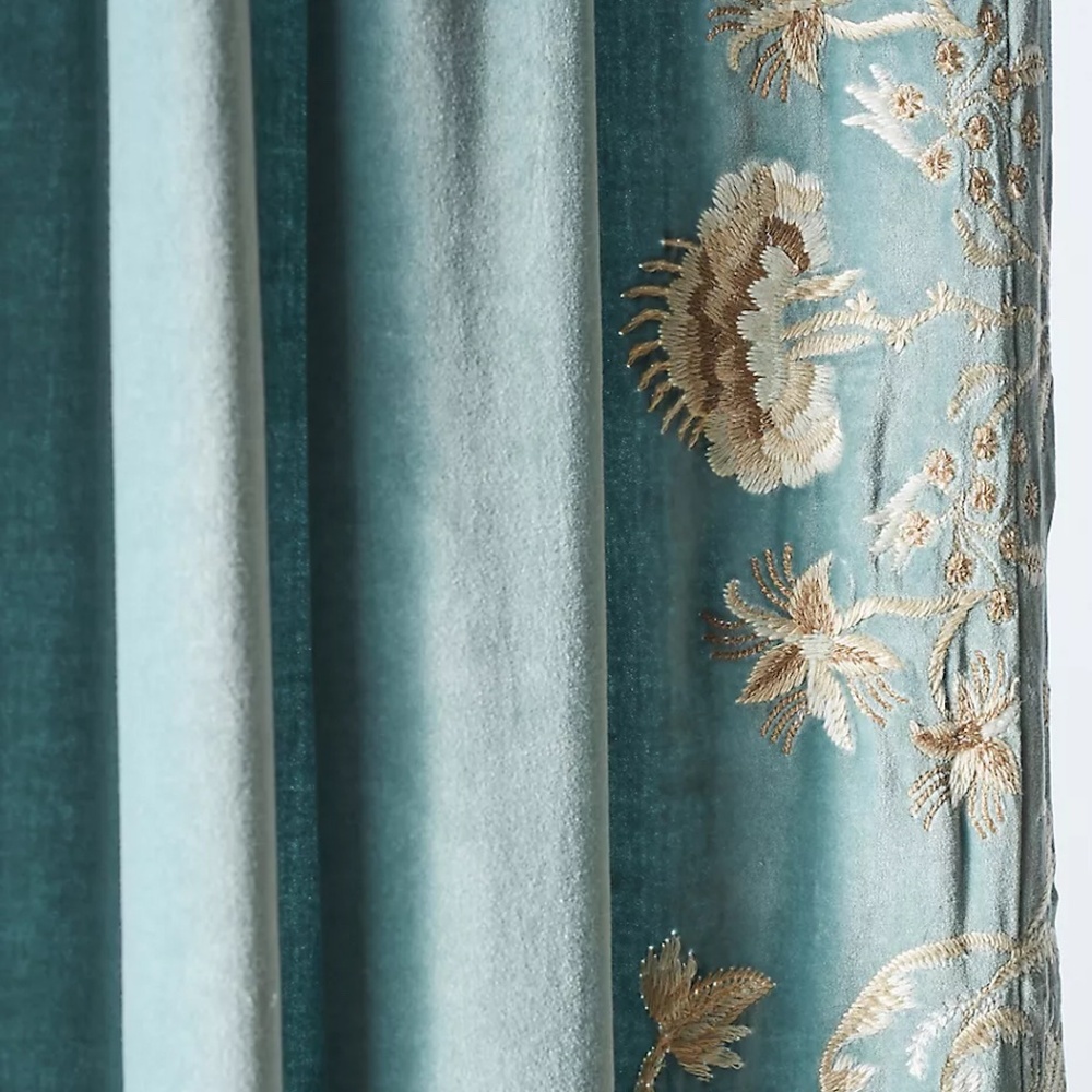 Anthropologie Blue and Cream, Velvet and Embroidery Curtains Elegant Accents - Picture 2 of 6